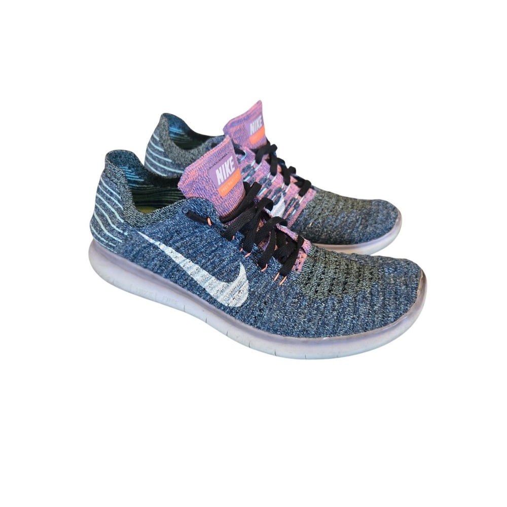 Nike Free RN Flyknit Womens Running Shoes Blue Purple Size 9 Neon Athleisure